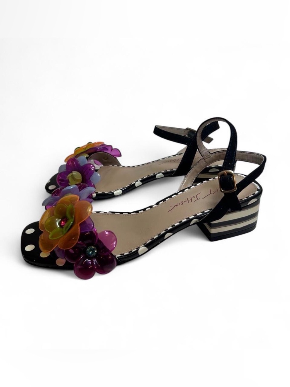 Betsey Johnson Dottee's black with white polka dot sandals with floral embellish